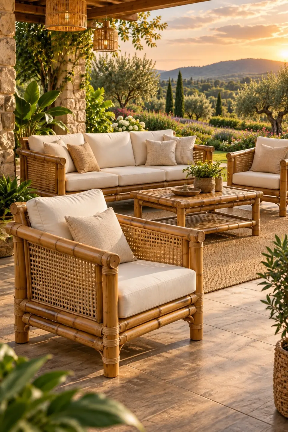 Bambusova sofa i fotelja na terasi sa pogledom na maslinjak