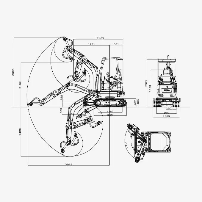Mini bager R18 PRO – dimenzije (crtež)