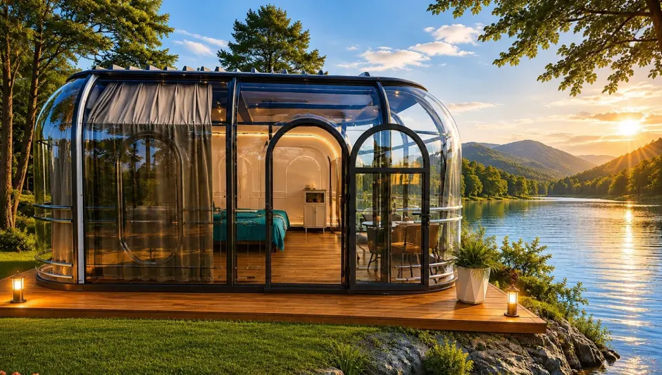 Panoramska glamping kućica na drvenoj terasi pored jezera