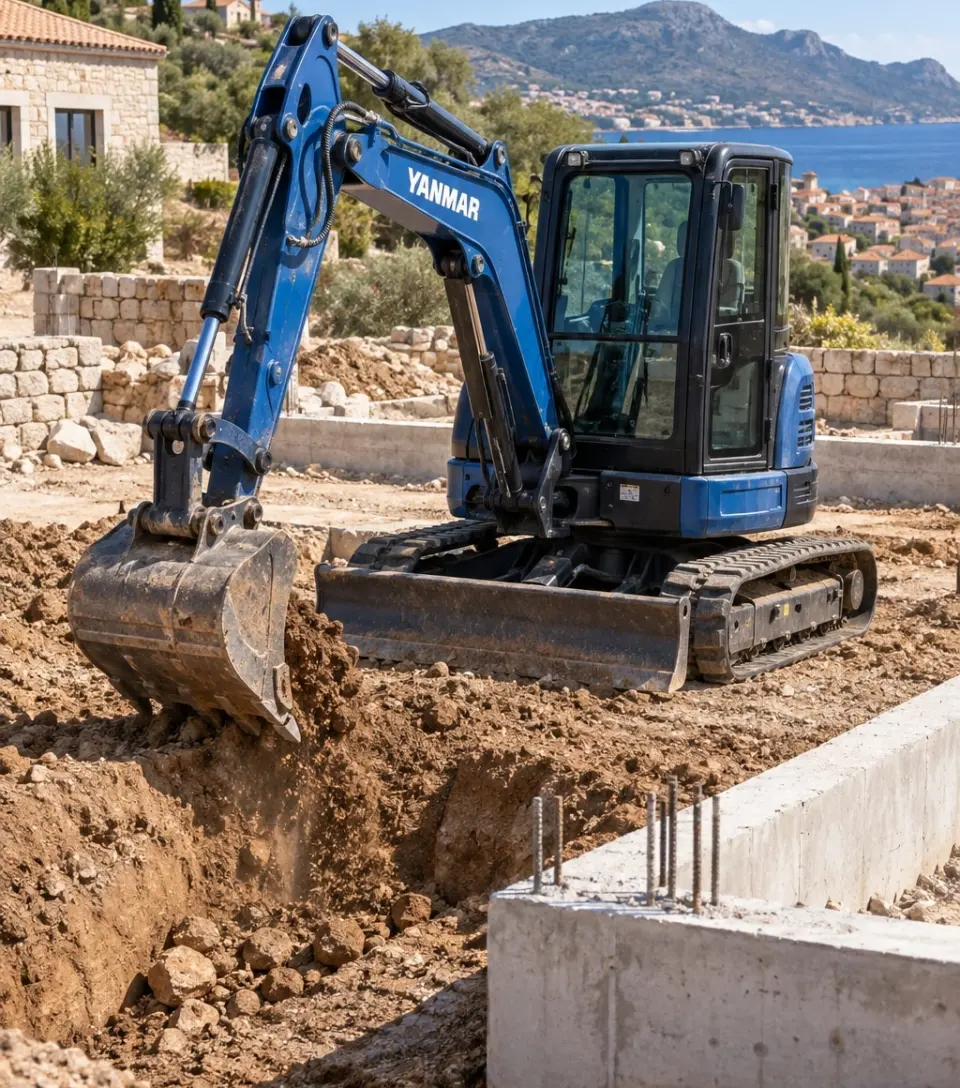 Plavi bager Yanmar kopa temelj kuće