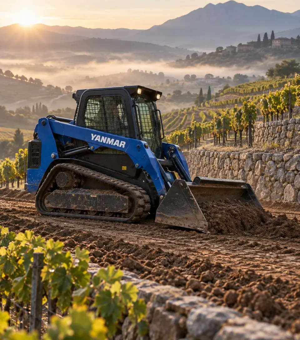 Kompaktni utovarivač radi u vinogradu