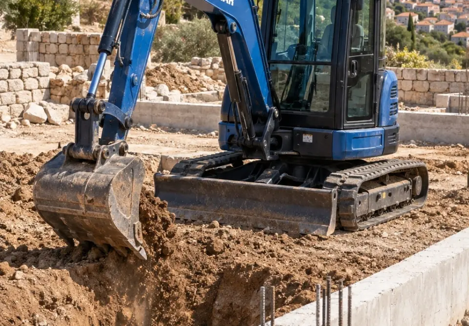 Plavi bager Yanmar kopa temelj kuće